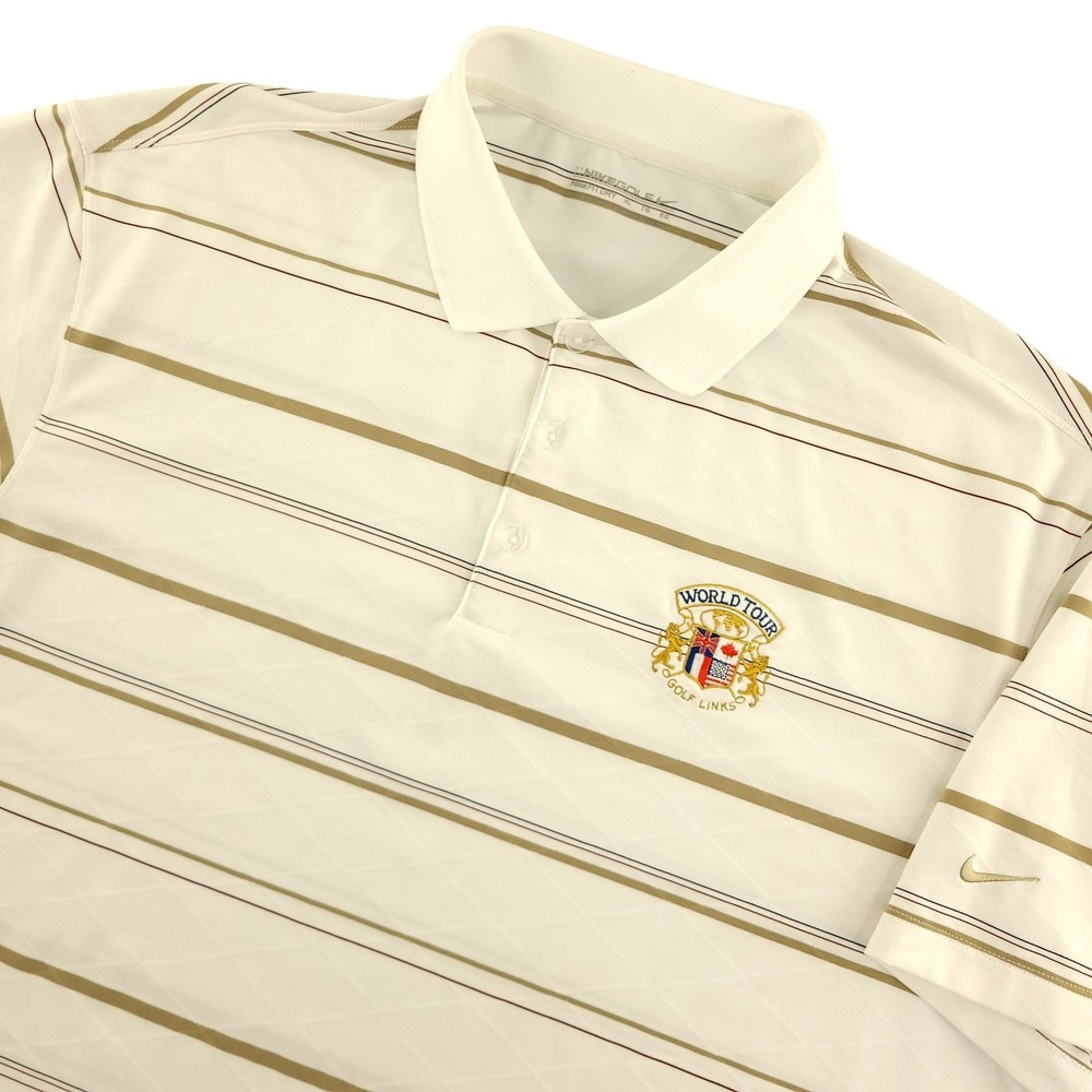 Nike Golf Fit Dry Polo Shirt Mens XL White Striped World Tour Golf Links